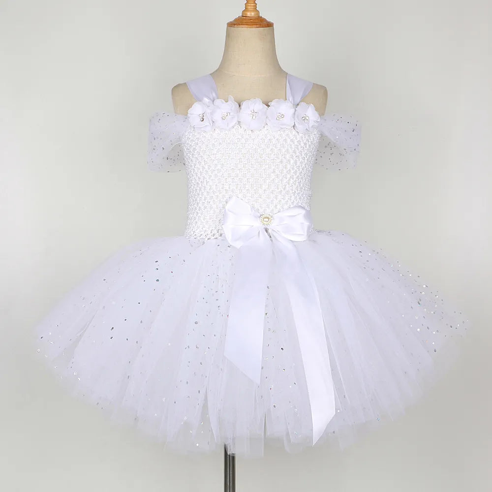 Girls White Angel Costumes for Girls Christmas Halloween Dress for Kids Flower Fairy Tutu Outfit with Wings Set Girl Clothes - Fashionner