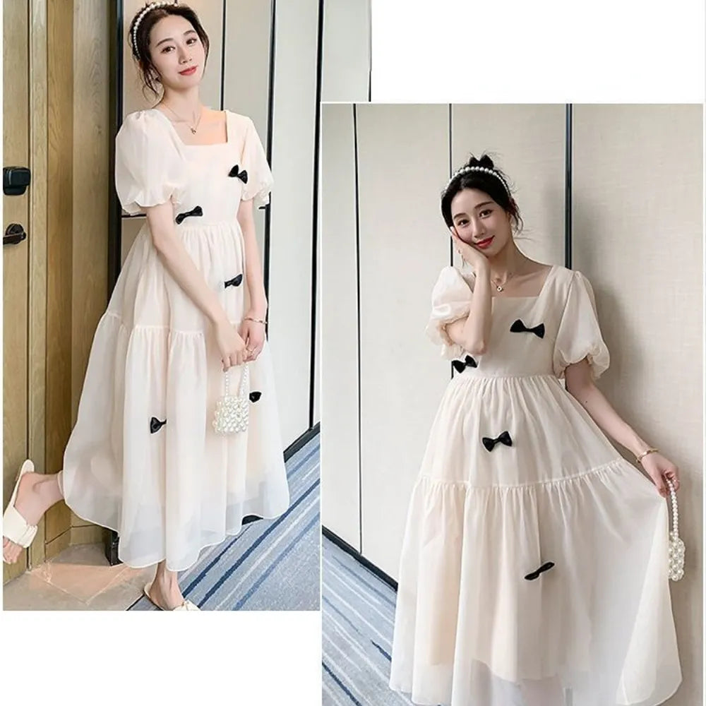 2023 autumn flare sleeve square collar maternity long dress loose woman clothes fashion bow pregnant women dress party dresses - Fashionner