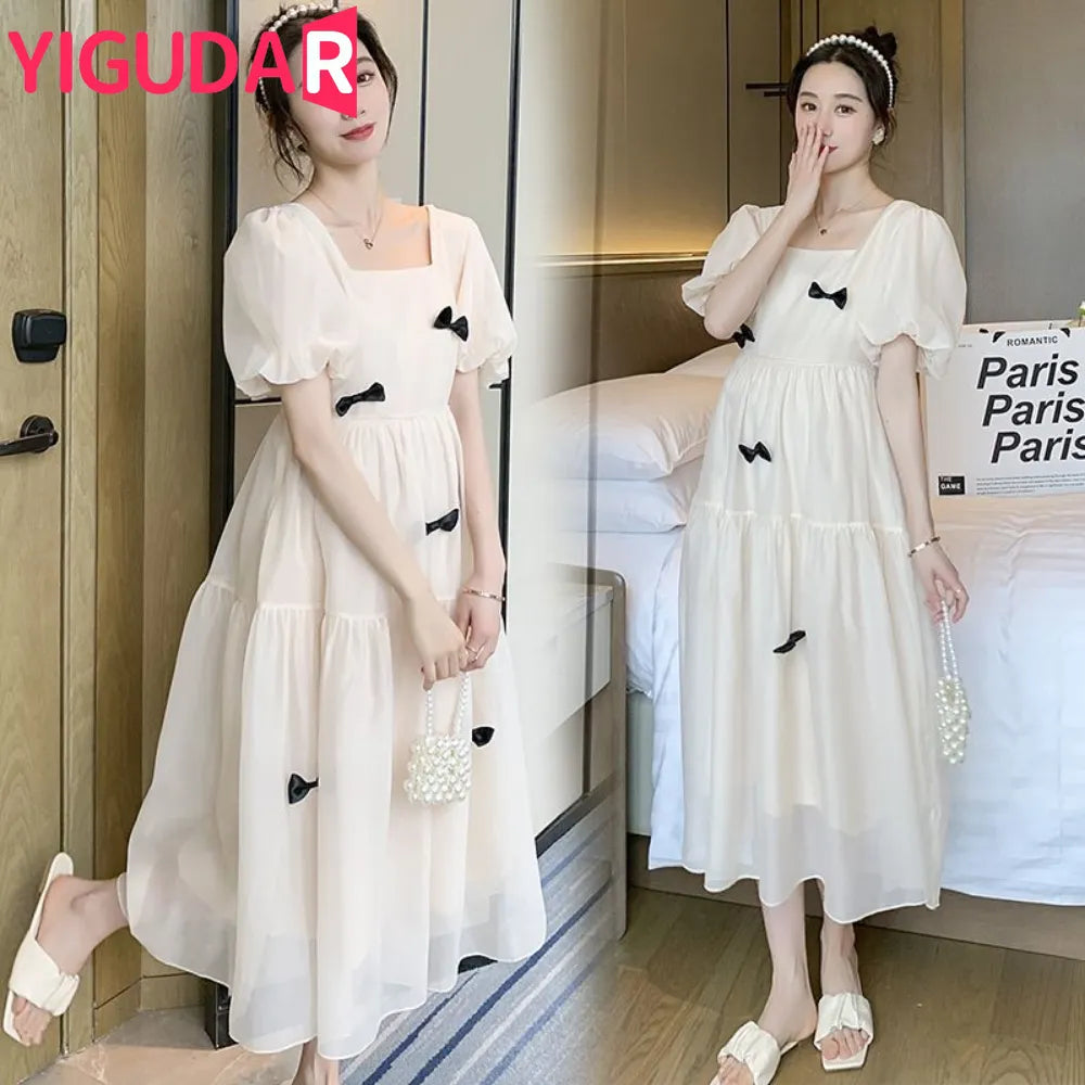 2023 autumn flare sleeve square collar maternity long dress loose woman clothes fashion bow pregnant women dress party dresses - Fashionner