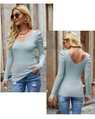 Slim Fit High-elastic V-neck Base Puff Sleeve Sweater For Women - Fashionner