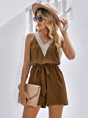 Casual Jumpsuit Lace V-neck Sleeveless Tops Tie-up Shorts Summer Beach Clothes - Fashionner