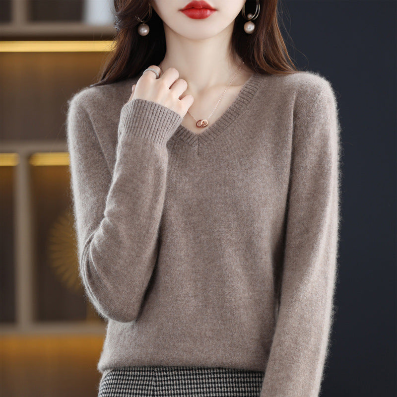 Women's V-neck Loose Pullover Long Sleeve Sweater - Fashionner