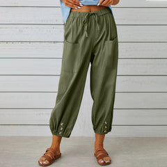 Women Drawstring Tie Pants Spring Summer Cotton And Linen Trousers With Pockets Button - Fashionner