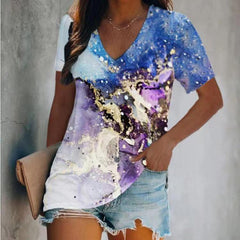 Women's T-shirt Summer Irregular Digital Printing Fashion Loose V-neck Color Short Sleeve Top - Fashionner