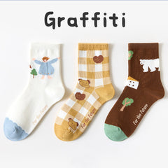 Three Pairs Of Women's Cartoon Food Printed Cotton Socks - Fashionner