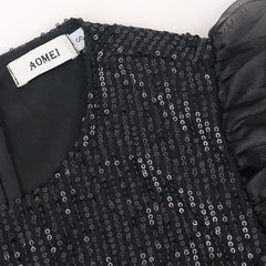 Lantern Sleeves Stretch Sequin Party Mid-length Dresses For Women - Fashionner