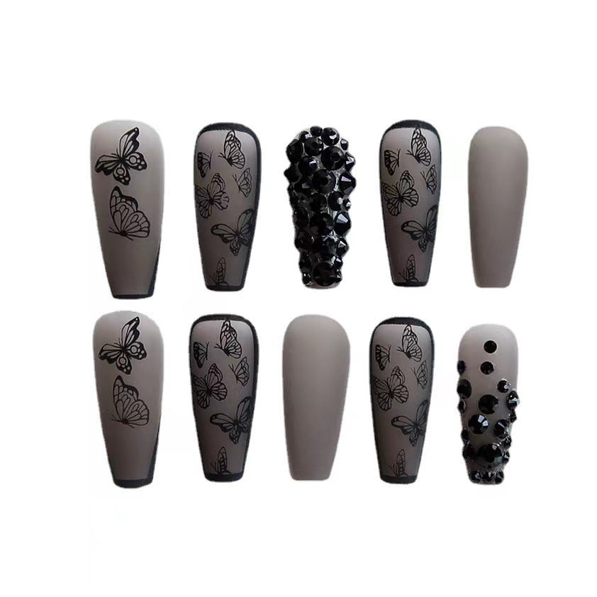 Phantom Dark Butterfly Fake Nails Long T Finished Black Frosted Removable Wear Armor - Fashionner