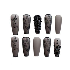 Phantom Dark Butterfly Fake Nails Long T Finished Black Frosted Removable Wear Armor - Fashionner