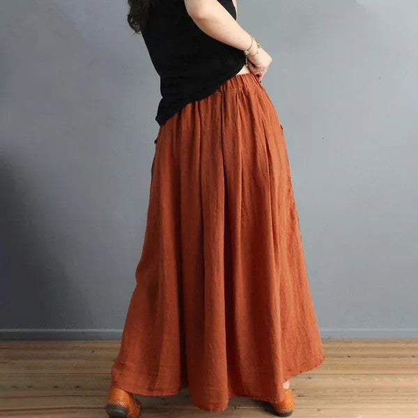 Retro Artistic Style Loose Elastic Waist Color Matching Cotton And Linen Skirt Slimming A- Line Skirt - Fashionner