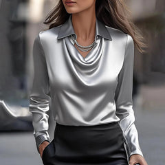 Women's Swing Collar Draped Shirts & Blouses Elegant Solid Satin Office Ladies Top Pullover Spring Long Sleeve Casual Tops
