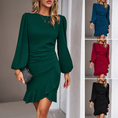 Women's Puff Long Sleeve Fashion Graceful Solid Color Slim Hip-covering Short Dress Womens Clothing - Fashionner