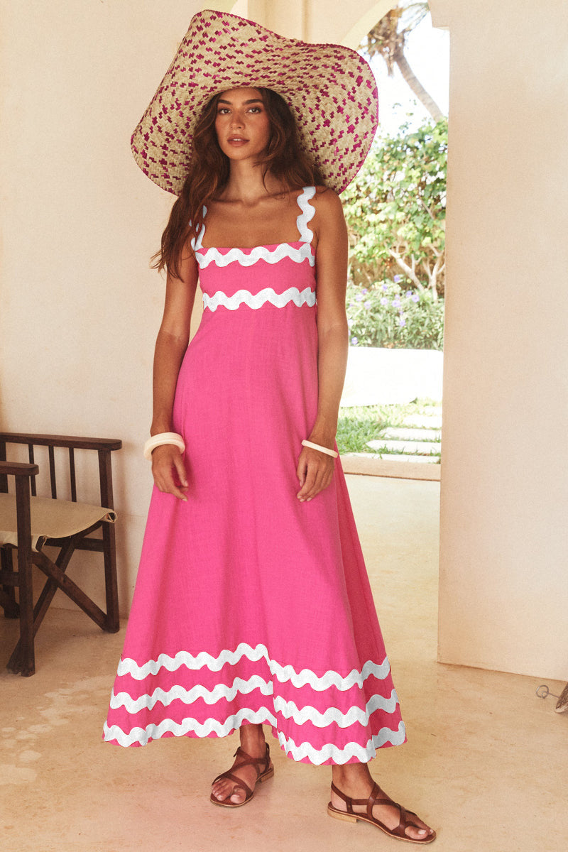 Flowers Print Wavy Pattern Suspender Long Dress For Women Fashion A-Line Beach Dresses Womens Clothing - Fashionner