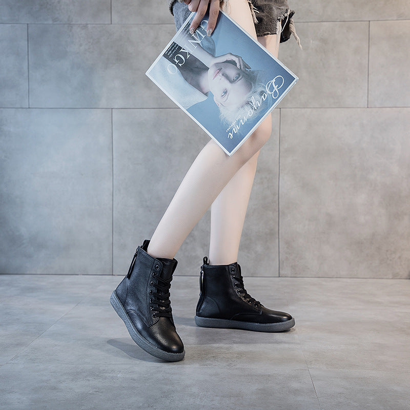 Women's Soft Leather Double Zipper Martin Boots - Fashionner