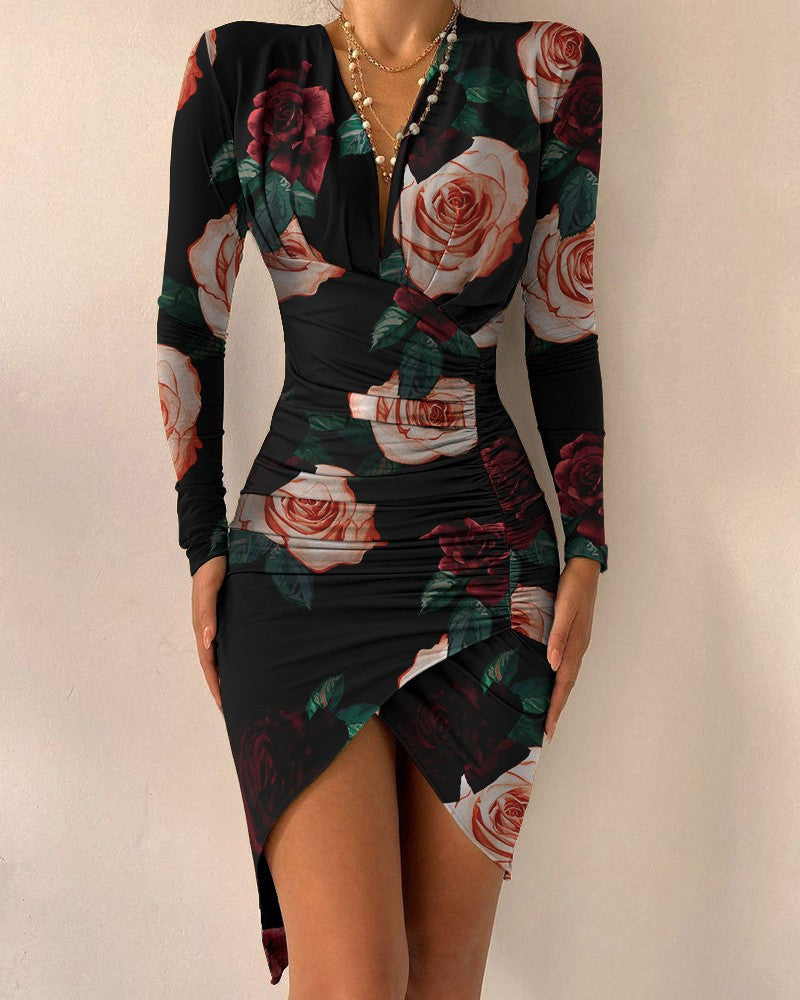Autumn And Winter Long Sleeve V-neck Printed Tight Split Dress Women's Clothing - Fashionner