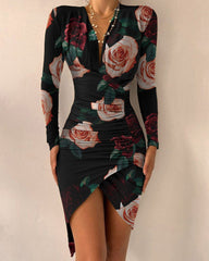 Autumn And Winter Long Sleeve V-neck Printed Tight Split Dress Women's Clothing - Fashionner