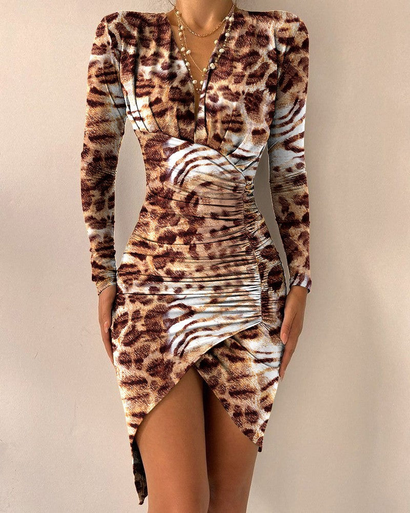 Autumn And Winter Long Sleeve V-neck Printed Tight Split Dress Women's Clothing - Fashionner