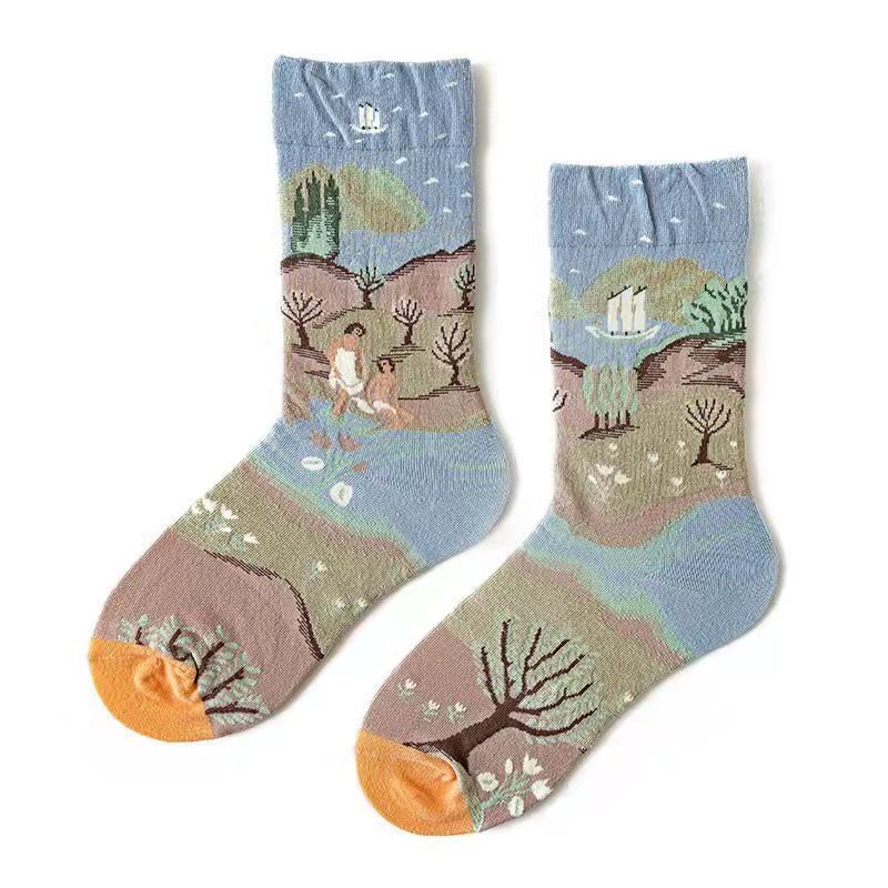 Trendy Mid-calf Length Socks Preppy Style Stockings Artistic Illustration Socks - Fashionner