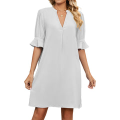 European American Summer New Solid Color And V-neck Loose Pleated Half-length Sleeve Dress