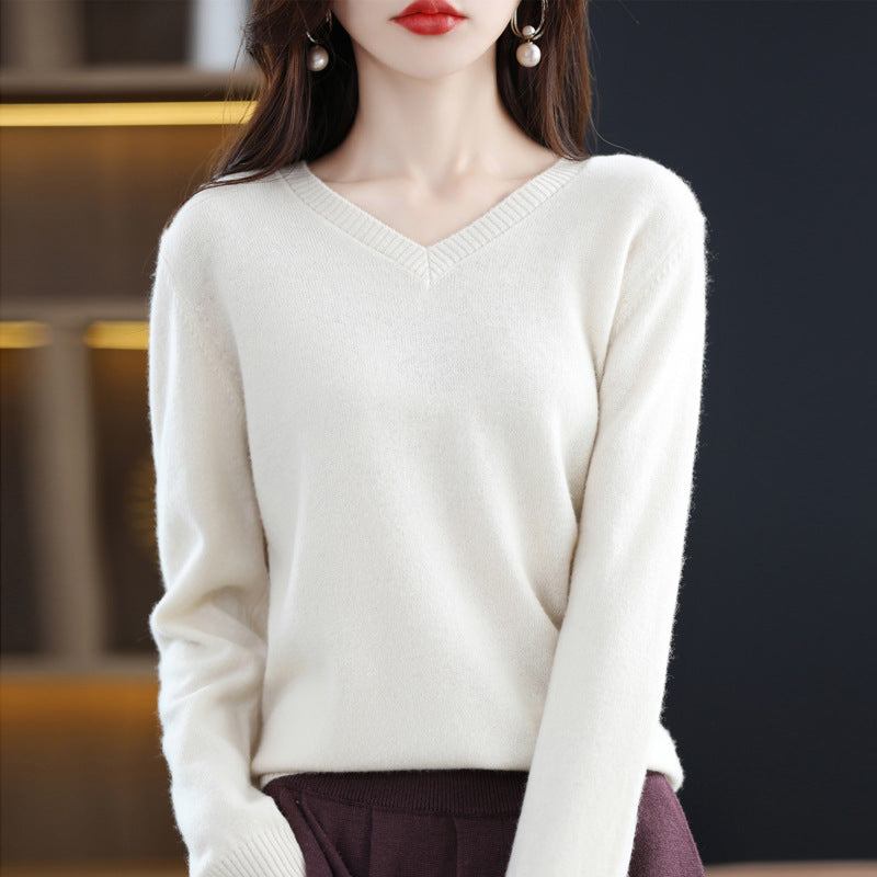 Women's V-neck Loose Pullover Long Sleeve Sweater - Fashionner