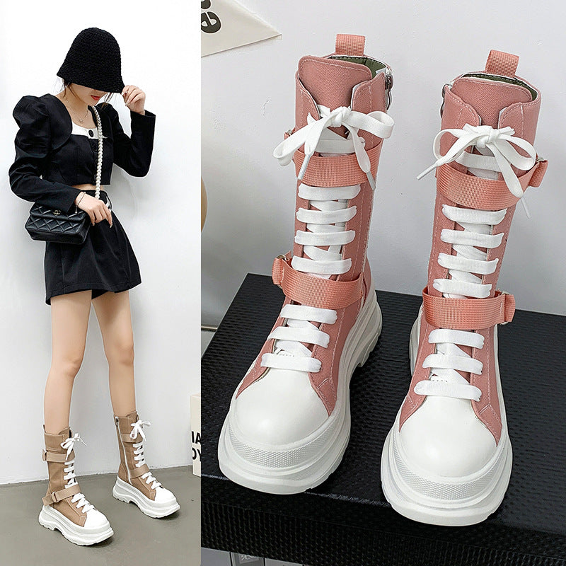 Women's Fashion Casual Platform Lace-up Canvas Boots - Fashionner