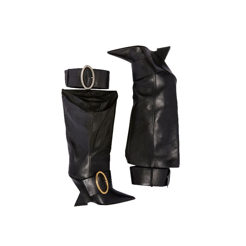 High-profile Wedge Sleeve Pointed Slip-on Strap Large Fastener Boots - Fashionner