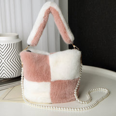 Checkerboard Plush Bucket Bag With Pearl Chain Design Winter Fashion Luxury Handbags For Women Personalized Shopping Shoulder Bags - Fashionner