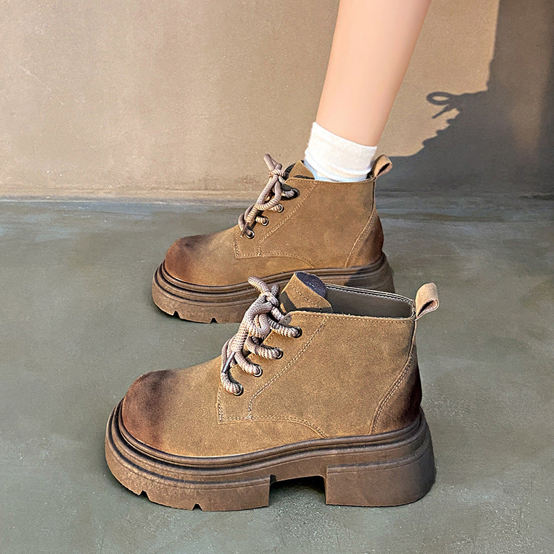Women's Thick-soled Lace-up Retro Matte Ankle Trendy Cool British Fan Boots - Fashionner