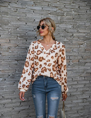 Leopard Print Printed V-neck Off-the-shoulder Long Sleeve T-shirt - Fashionner