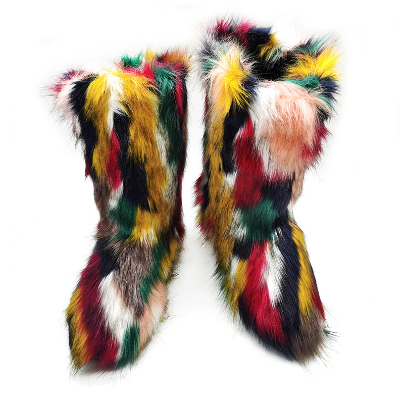 Women's Plush Snow Boots Plus Size Color Flat Women's Mid Boots - Fashionner