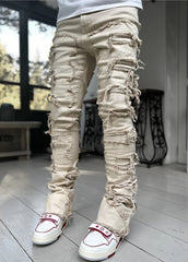Men Trousers Individual Patched Pants Long Tight Fit Stacked Jeans For Mens Clothing - Fashionner