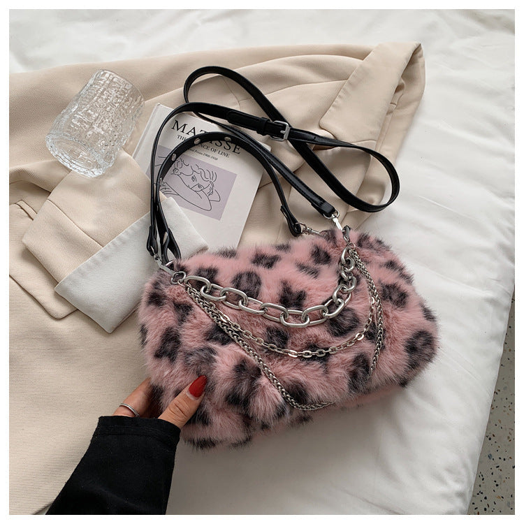Winter Plush Bags Chain Shoulder Bag Women Flowers Print Handbags - Fashionner