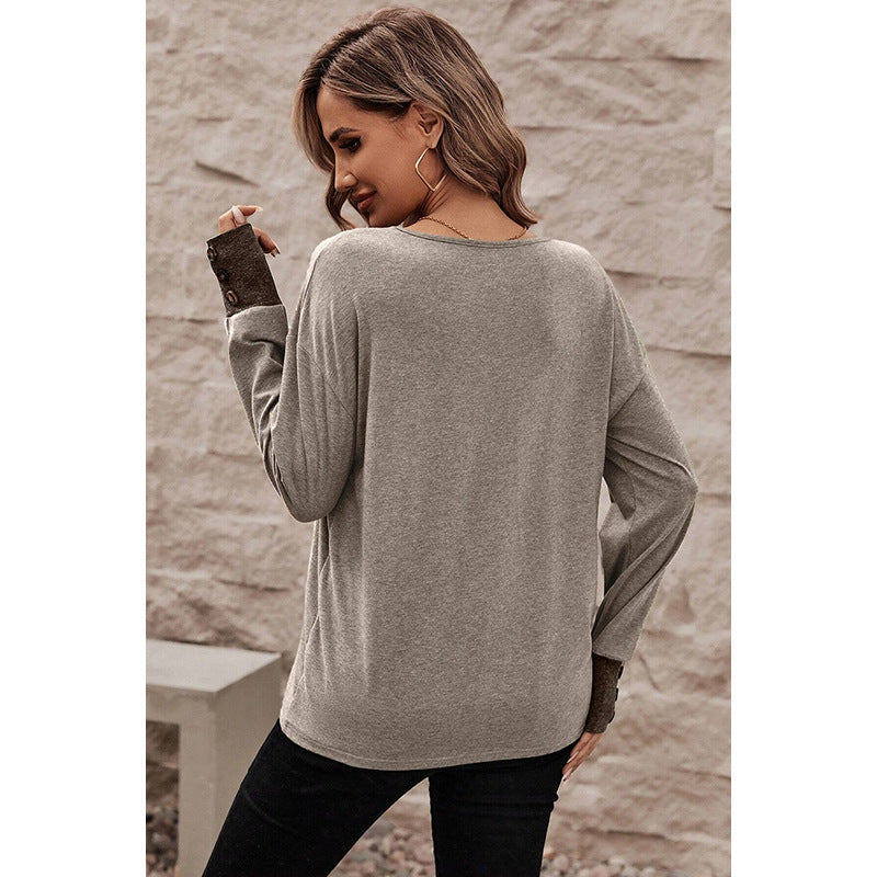 Women's Fashion Casual Loose-fitting V-neck Long Sleeves T-shirt - Fashionner