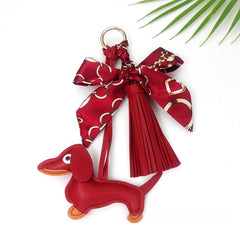 Tassel Leather Sausage Dog Pendant Bag Ornament Silk Scarf Keychain Schoolbag Pendant