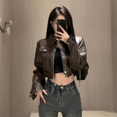 American Retro Sweet Cool Hot Girl Style Coffee Color Leather Coat Motorcycle Jacket Top - Fashionner