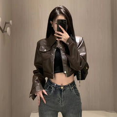 American Retro Sweet Cool Hot Girl Style Coffee Color Leather Coat Motorcycle Jacket Top - Fashionner