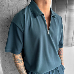 Summer Fashion Mens Clothing Men's Suits New Zipper Polo Casual Short Sleeve Drawstring Shorts Men's Set
