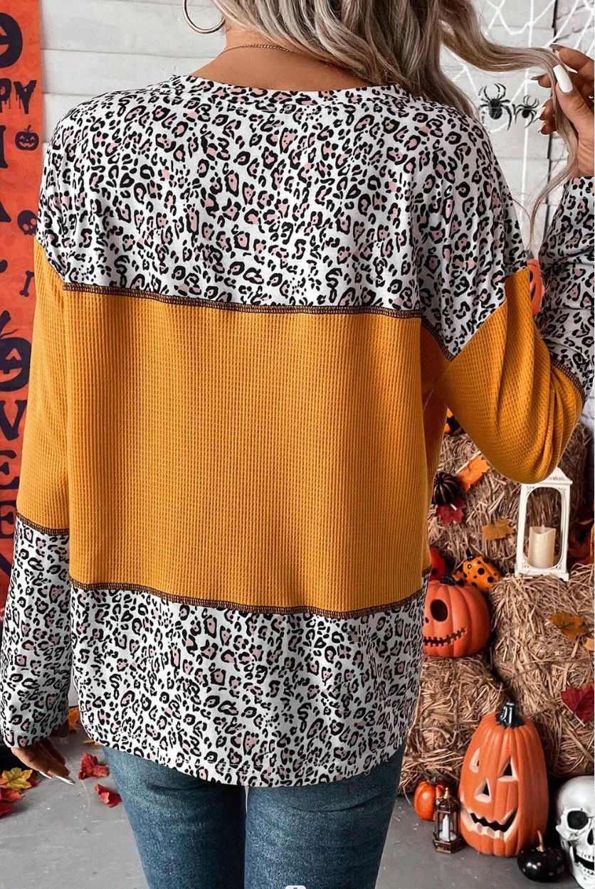 European And American Pullover Round Neck Leopard Splicing Waffle Sweater - Fashionner