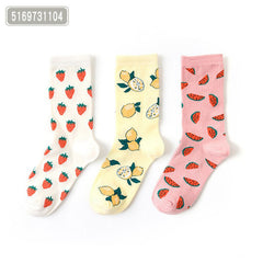 Three Pairs Of Women's Cartoon Food Printed Cotton Socks - Fashionner