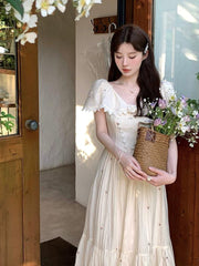 French Vintage Embroidered Floral Dress - Fashionner