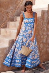 Flowers Print Wavy Pattern Suspender Long Dress For Women Fashion A-Line Beach Dresses Womens Clothing - Fashionner