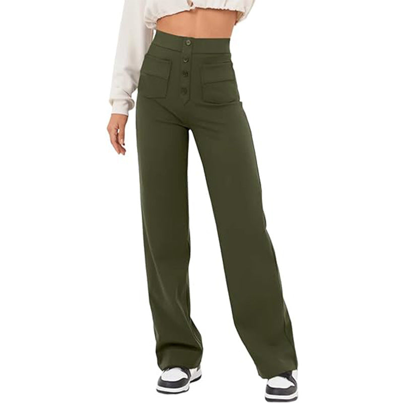 Women's Clothing High Waist Pocket Wide Leg Button Casual Loose Straight Trousers - Fashionner