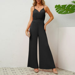 V-neck Suspender Pleated Jumpsuit Solid Color Loose Straight Pants Womens Clothing - Fashionner