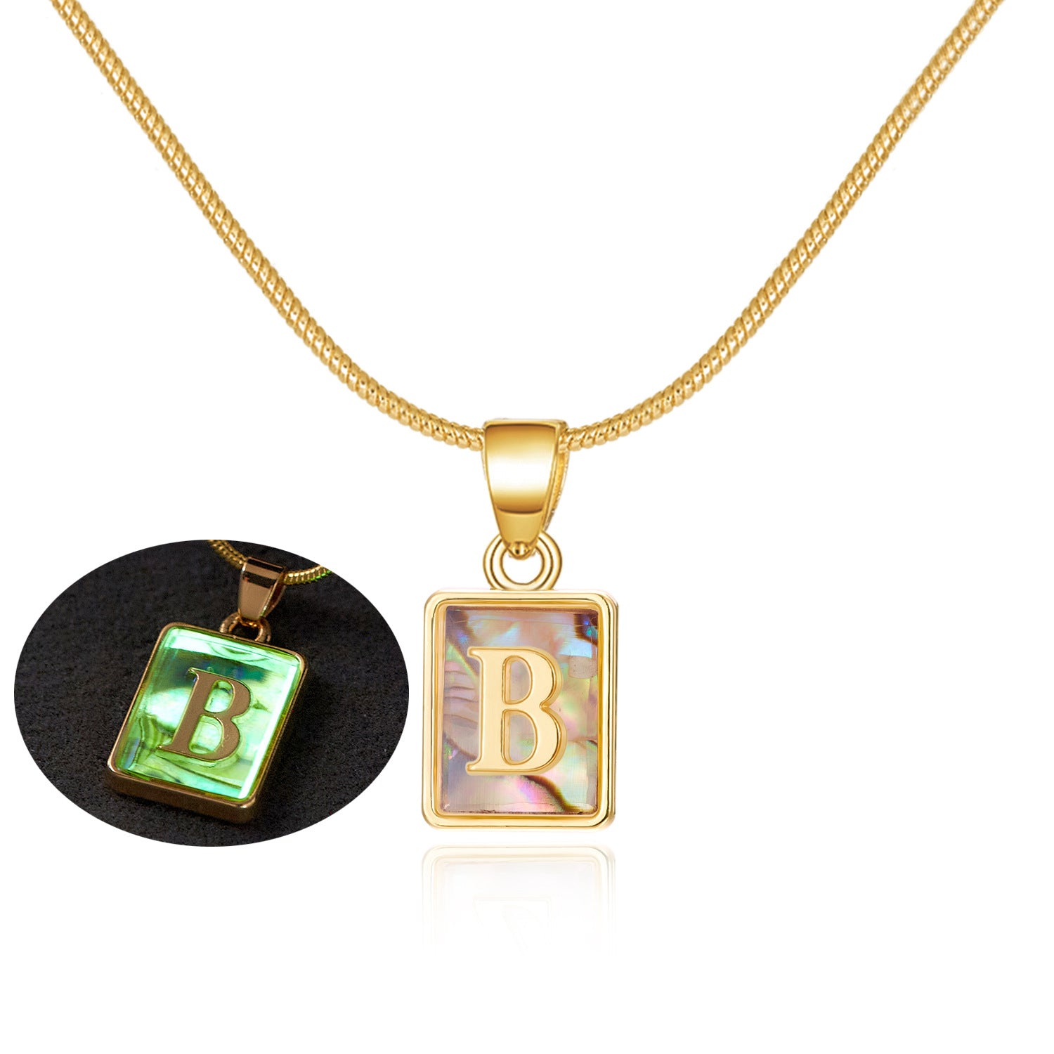 26 Letter Square Necklace Colorful Shell Luminous Pendant Chain Necklace For Women Temperament Ladies Jewelry - Fashionner