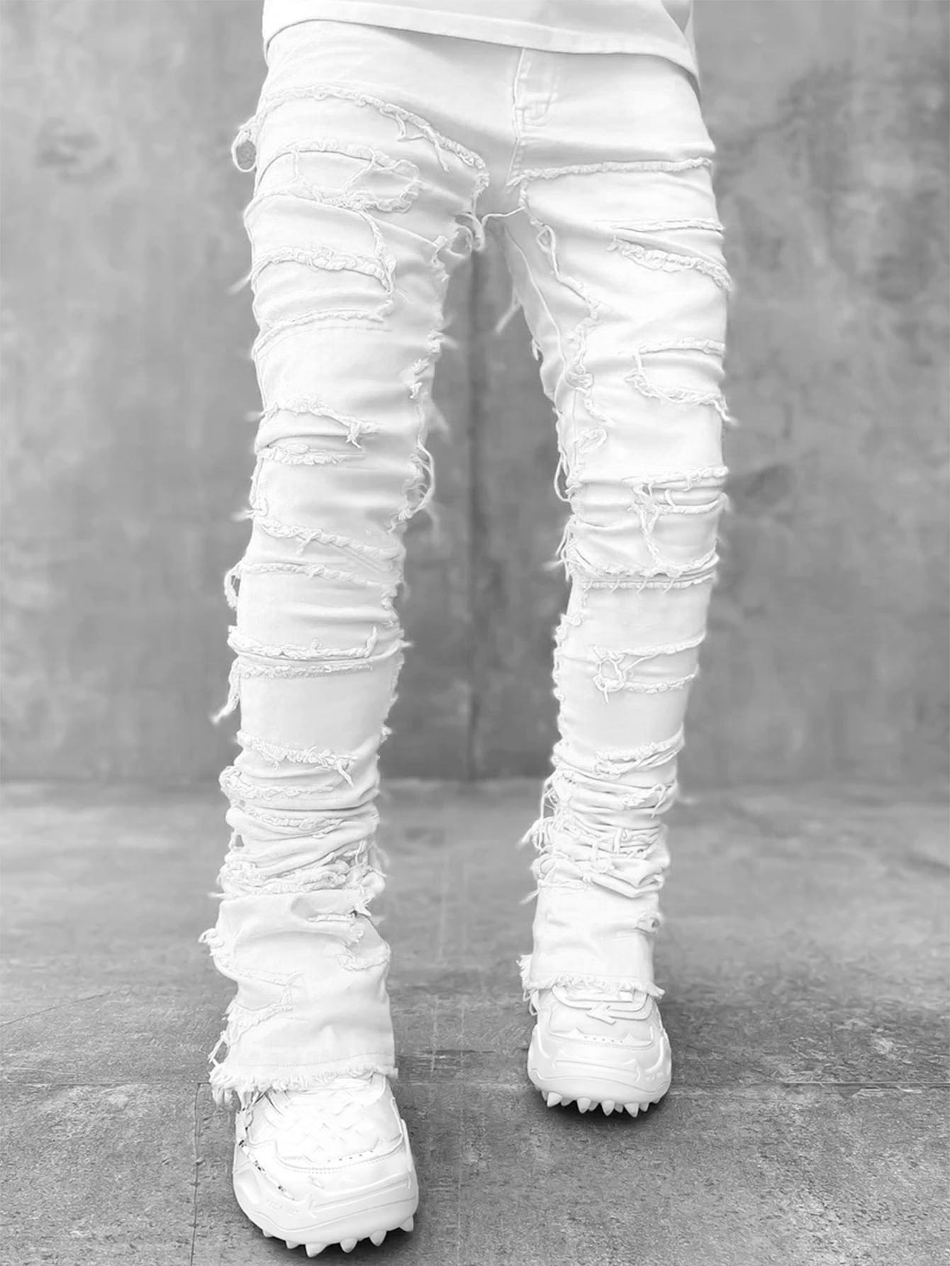 Men Trousers Individual Patched Pants Long Tight Fit Stacked Jeans For Mens Clothing - Fashionner