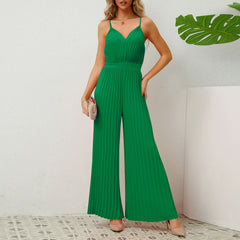 V-neck Suspender Pleated Jumpsuit Solid Color Loose Straight Pants Womens Clothing - Fashionner