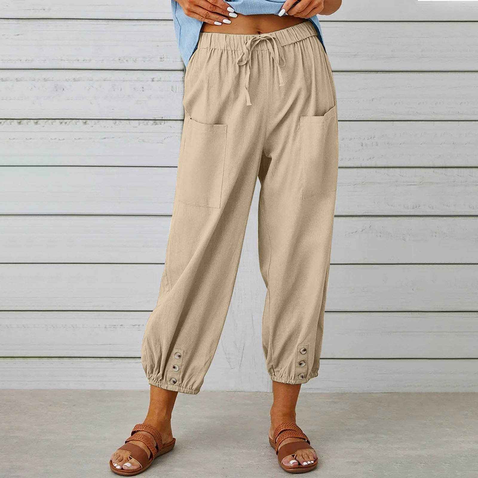 Women Drawstring Tie Pants Spring Summer Cotton And Linen Trousers With Pockets Button - Fashionner