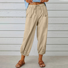 Women Drawstring Tie Pants Spring Summer Cotton And Linen Trousers With Pockets Button - Fashionner
