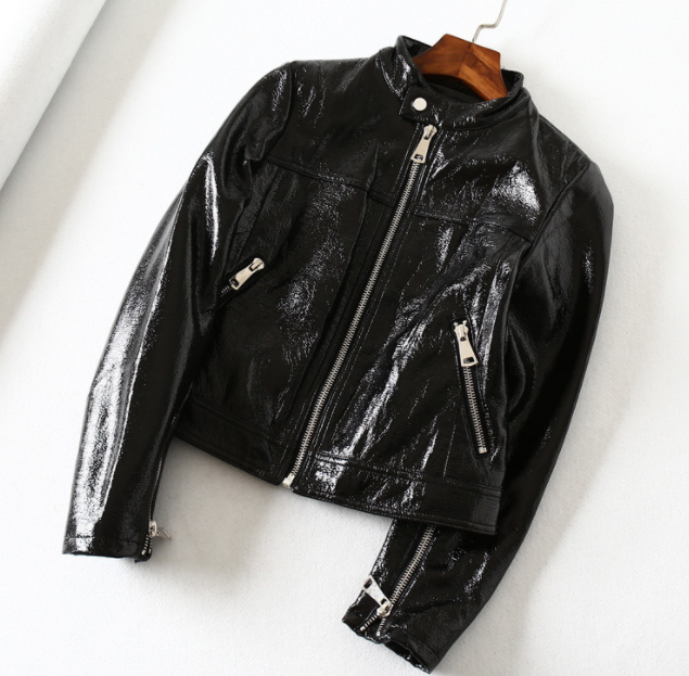 Black Bright Leather PU Short Motorcycle Leather Jacket Women's Jacket - Fashionner