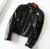 Black Bright Leather PU Short Motorcycle Leather Jacket Women's Jacket - Fashionner