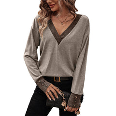 Women's Fashion Casual Loose-fitting V-neck Long Sleeves T-shirt - Fashionner